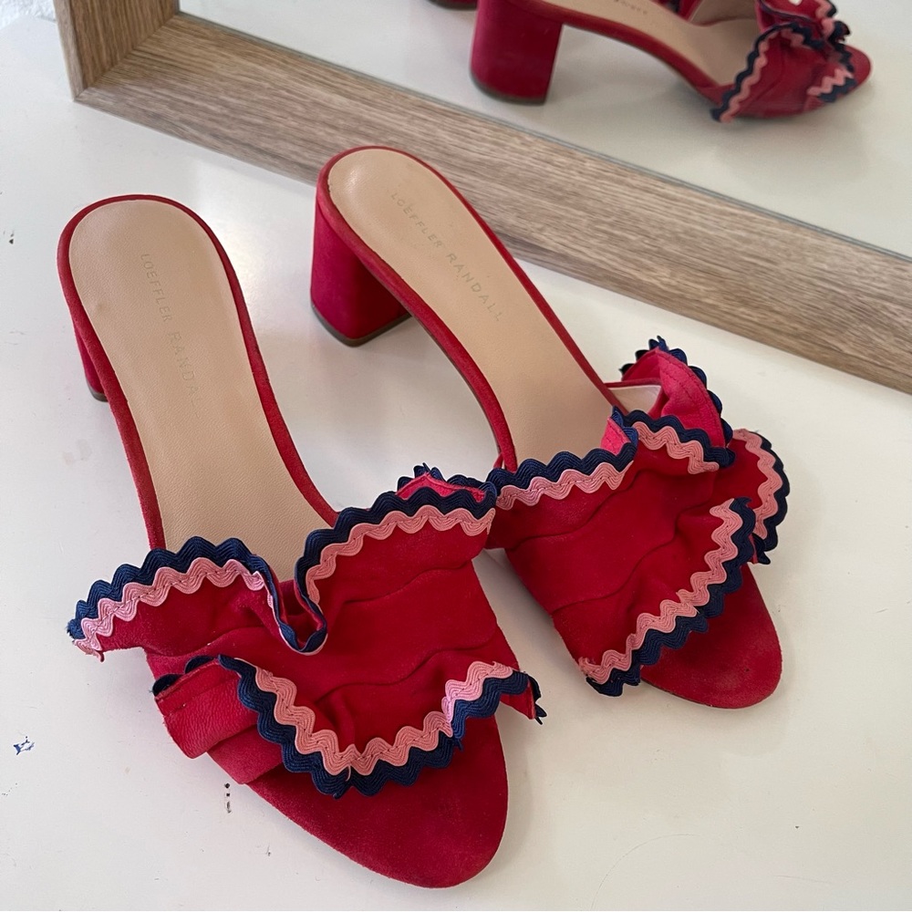 LOEFFLER RANDALL Vera City Red Suede Ruffle Slide Sandals - Picture 11 of 15